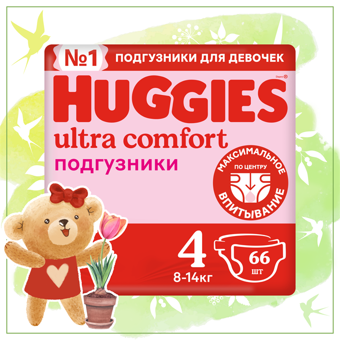 Детские одноразовые подгузники "Huggies" Ultra Comfort Mega 4 (8-14кг)*66 шт. Girl 41028 - фото 5372